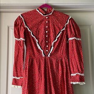Vintage Handmade 70s Victorian Style Red Dress with Flower Print and White Trim